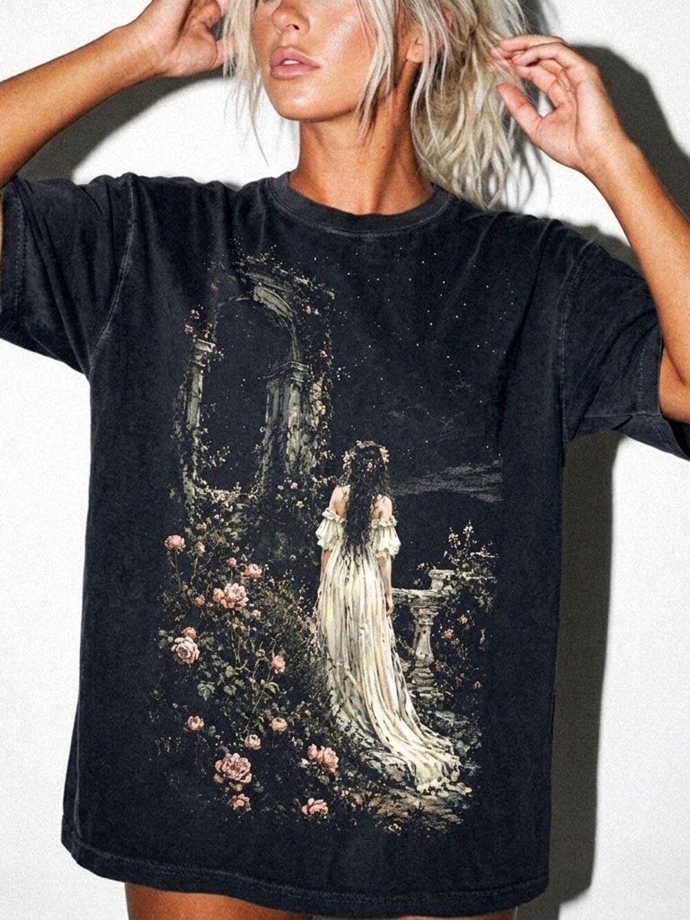 Dark Fantasy Romantic Floral Graphic Tee, Moody Botanical Shirt